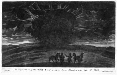 La Aparición del Eclipse Solar Total desde Haradon Hill, 11 de mayo de 1724, grabado por E. Kirkhall de William after Stukeley